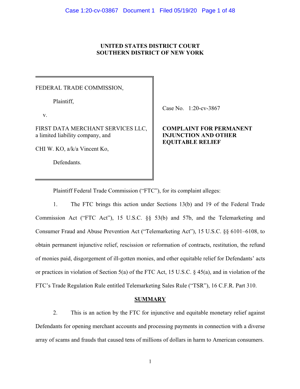 First Data Merchant Services LLC: Complaint for Permanent Injunction