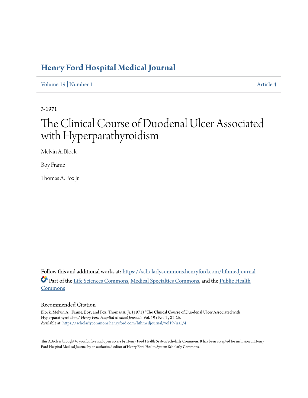 The Clinical Course of Duodenal Ulcer Associated with Hyperparathyroidism