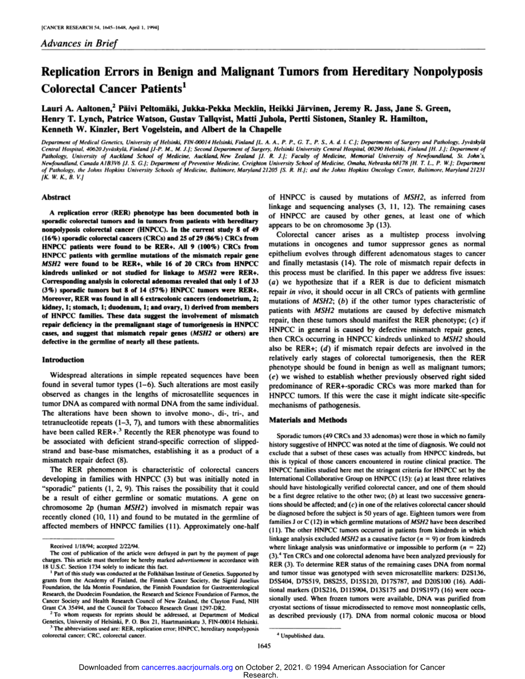 Replication Errors in Benign and Malignant Tumors from Hereditary Nonpolyposis Colorectal Cancer Patients'