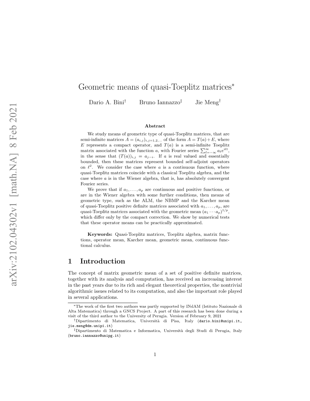 Geometric Means of Quasi-Toeplitz Matrices∗