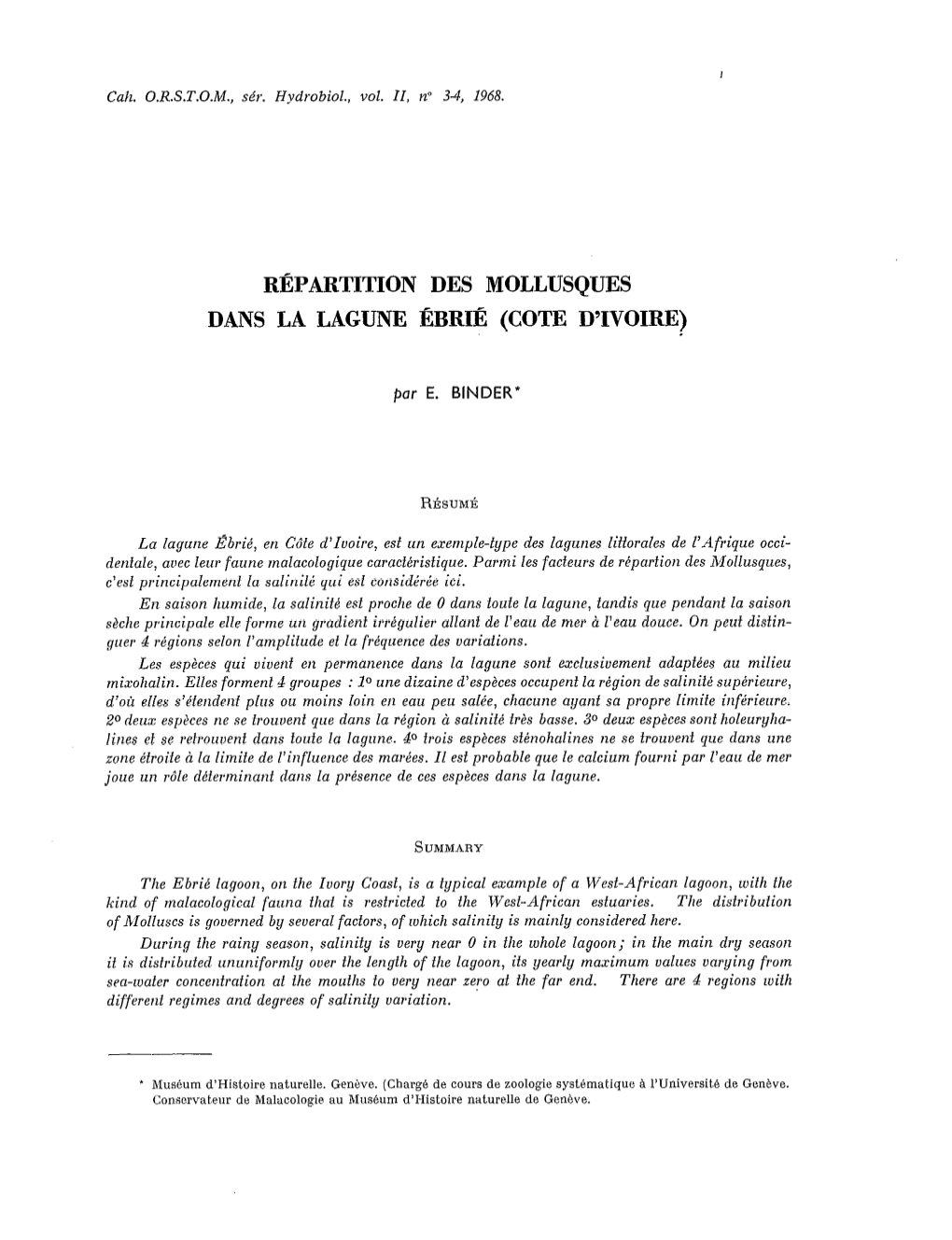 Répartition Des Mollusques Dans La Lagune Ébrié (Cote D'ivoire)