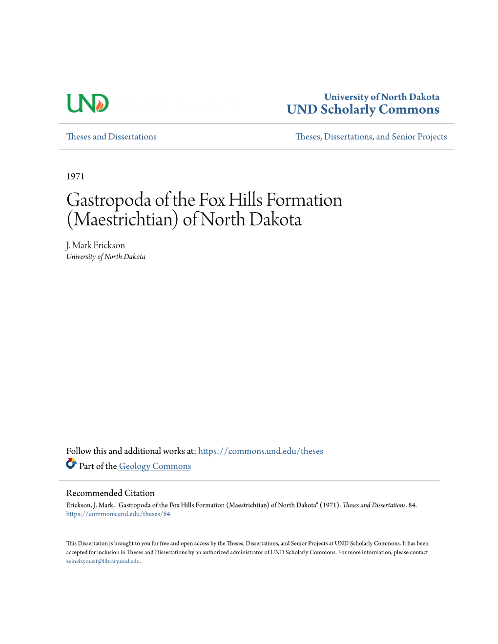 Gastropoda of the Fox Hills Formation (Maestrichtian) of North Dakota J