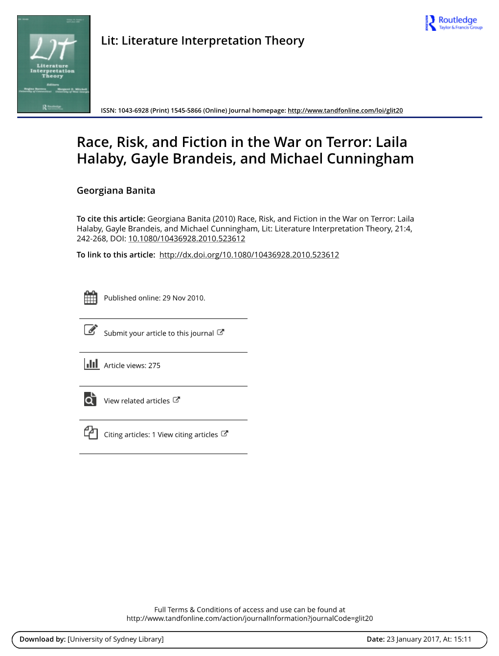 Race, Risk, and Fiction in the War on Terror: Laila Halaby, Gayle Brandeis, and Michael Cunningham