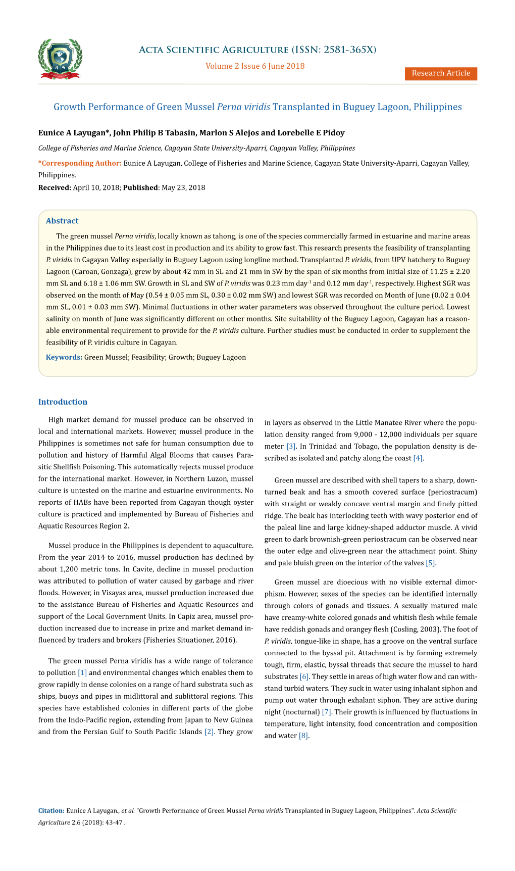 Growth Performance of Green Mussel Perna Viridis Transplanted in Buguey Lagoon, Philippines