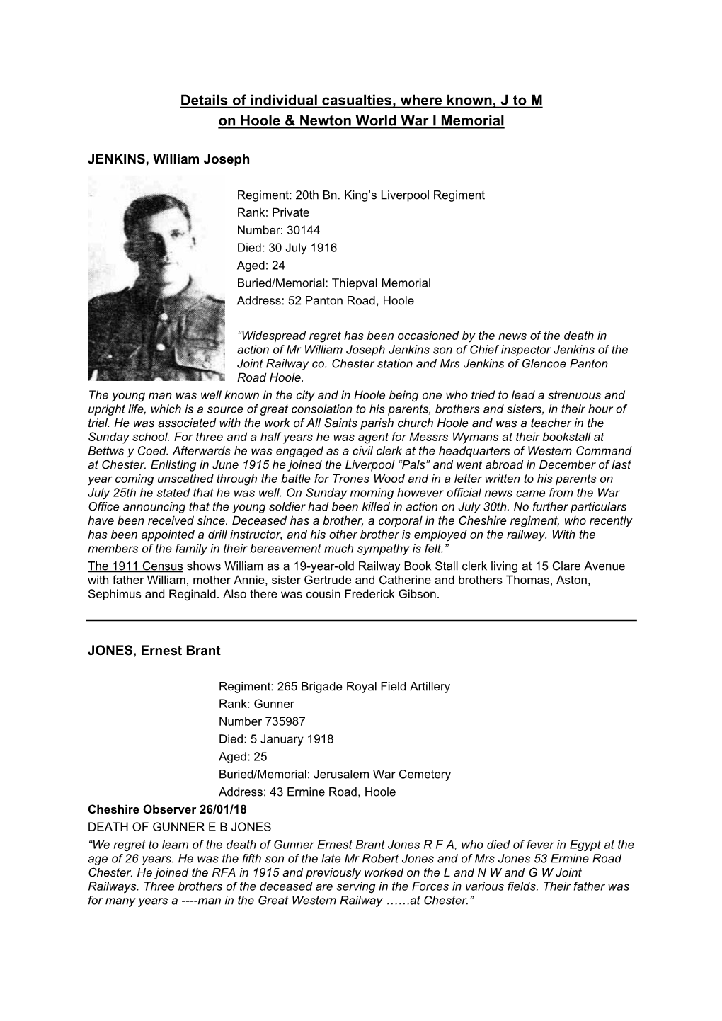 Details of Individual Casualties, Where Known, J to M on Hoole & Newton