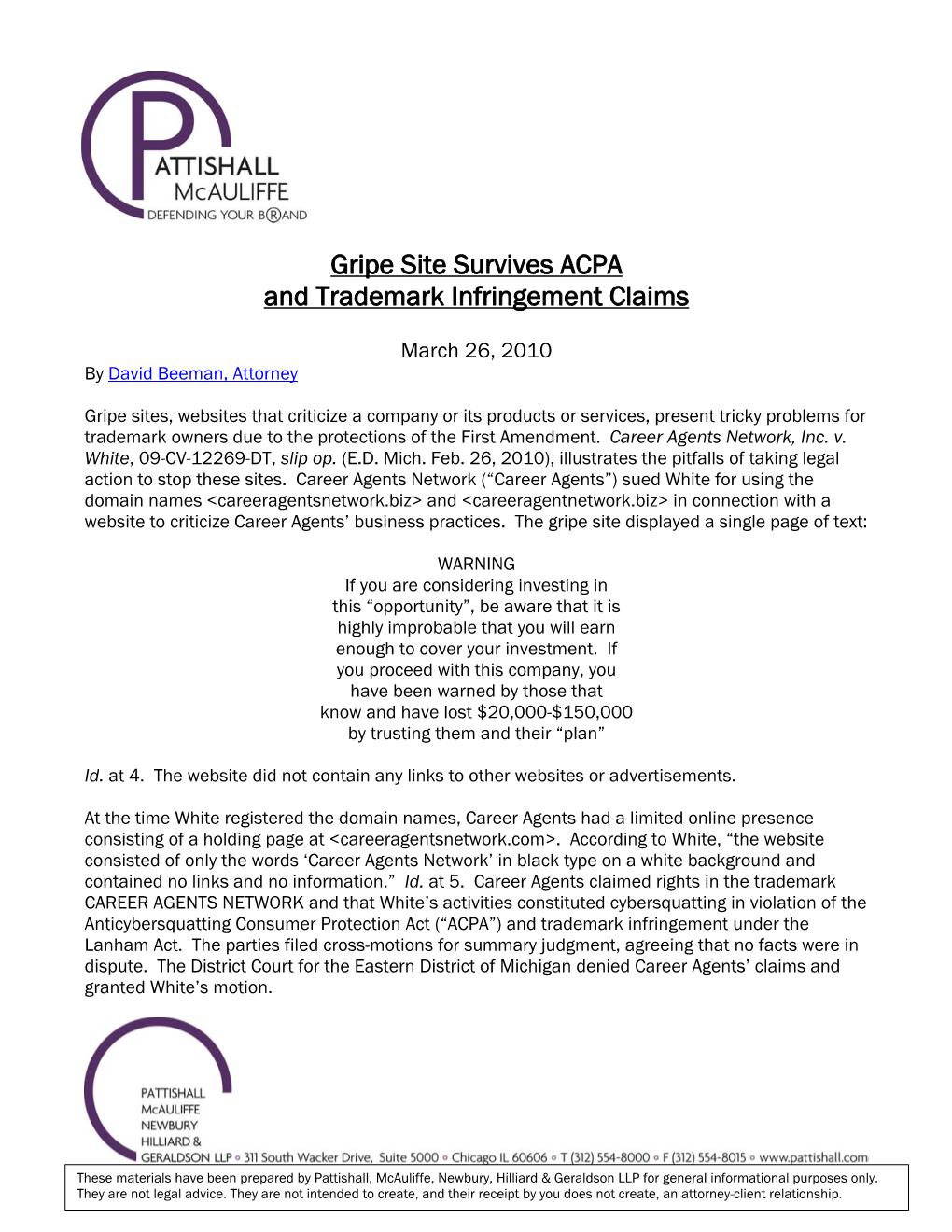 Gripe Site Survives ACPA and Trademark Infringement Claims