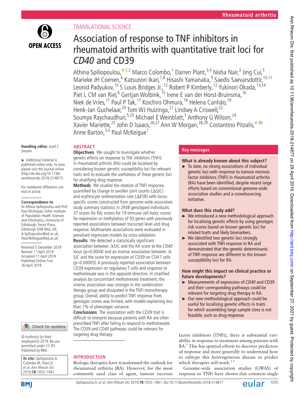 Association of Response to TNF Inhibitors in Rheumatoid Arthritis