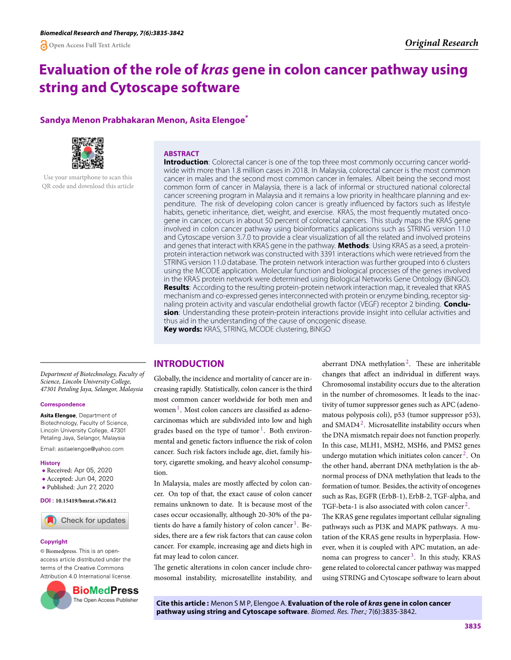 Evaluation of the Role of Kras Gene in Colon Cancer Pathway Using String and Cytoscape Software