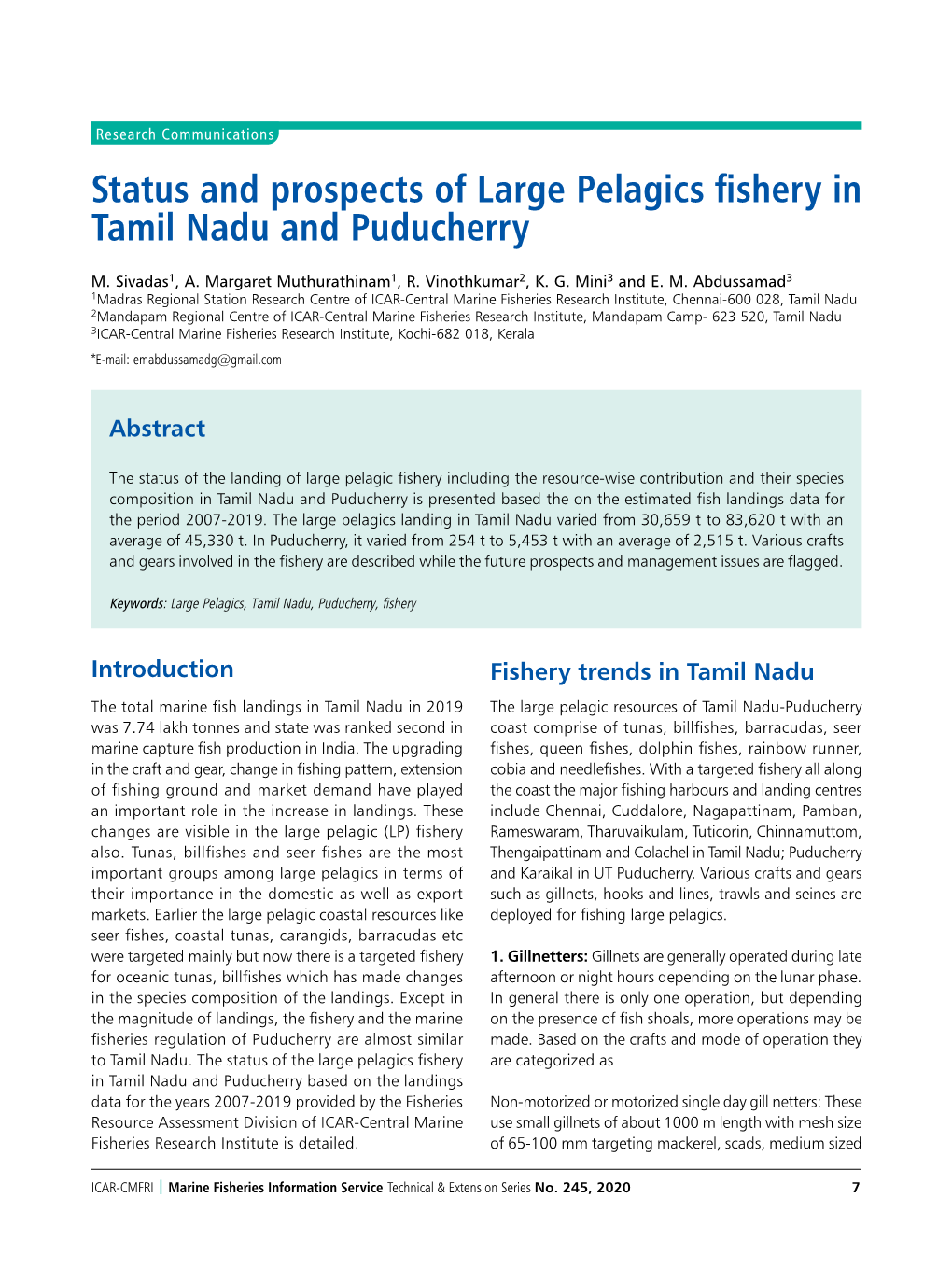 Status and Prospects of Large Pelagics Fishery in Tamil Nadu and Puducherry