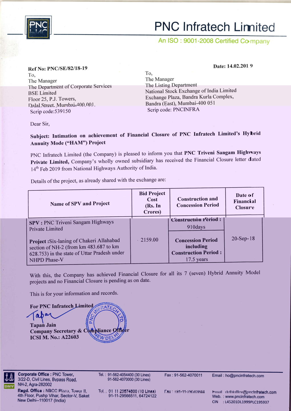 PNC Infratech Limited an ISO : 9001-2008 Certified Co Rnparny