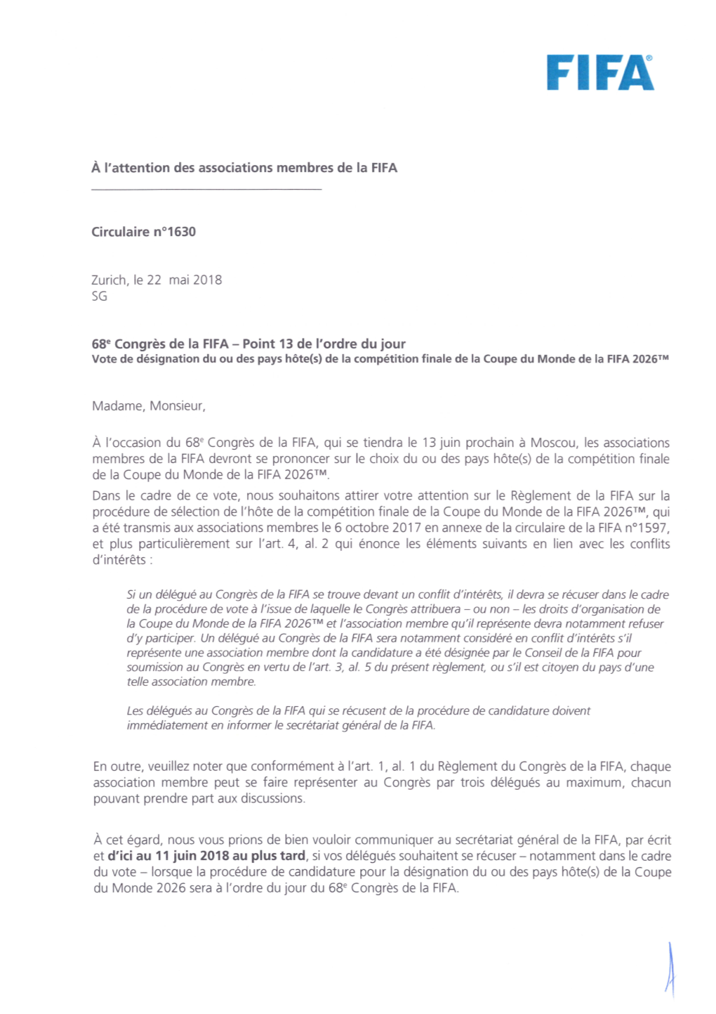 A I'attention Des Associations Membres De La FIFA Circulaire N01630