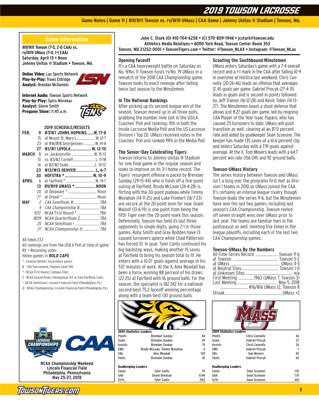 2019 TOWSON LACROSSE Game Notes | Game 11 | #9/#11 Towson Vs