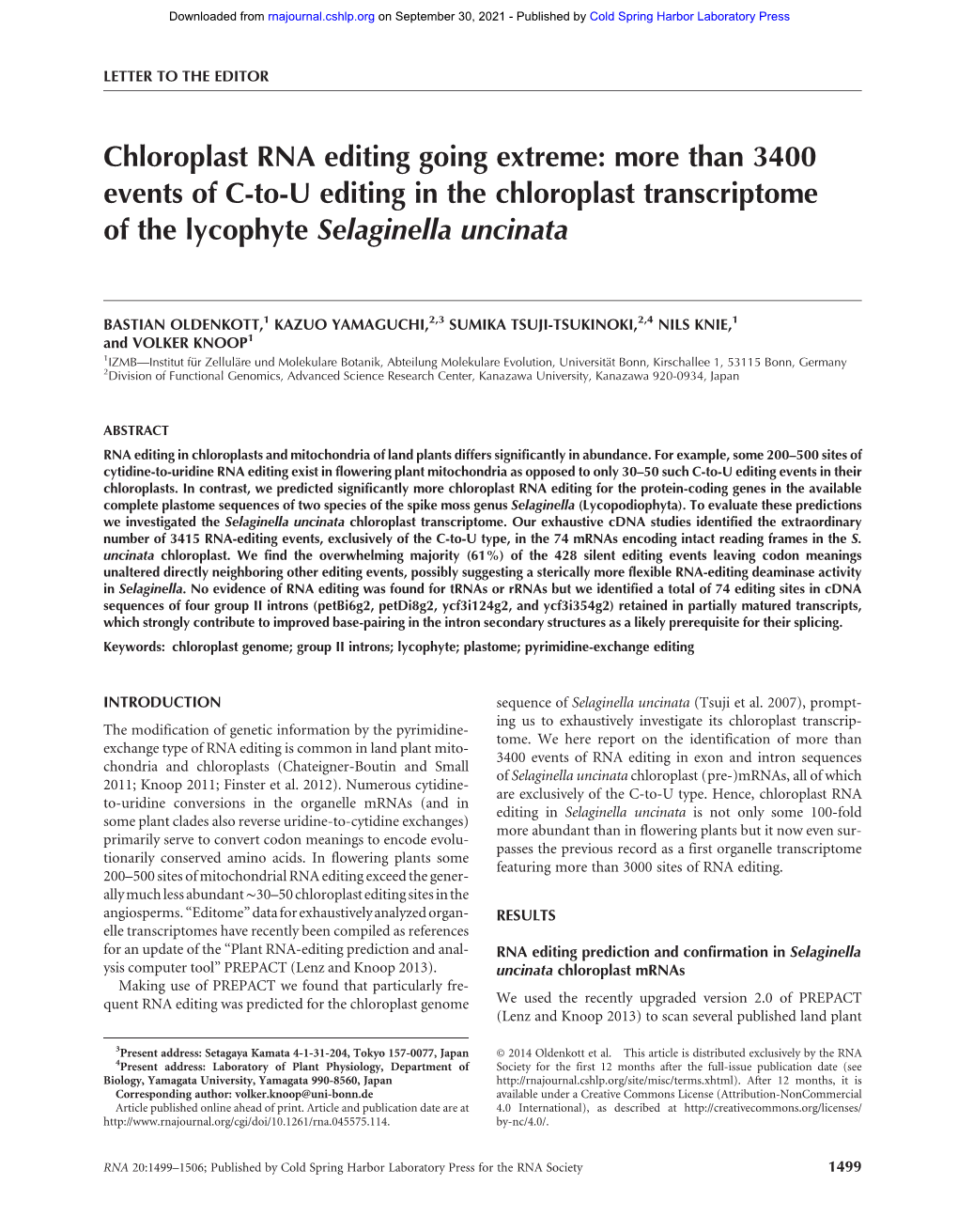 Than 3400 Events of C-To-U Editing in the Chloroplast Transcriptome of the Lycophyte Selaginella Uncinata