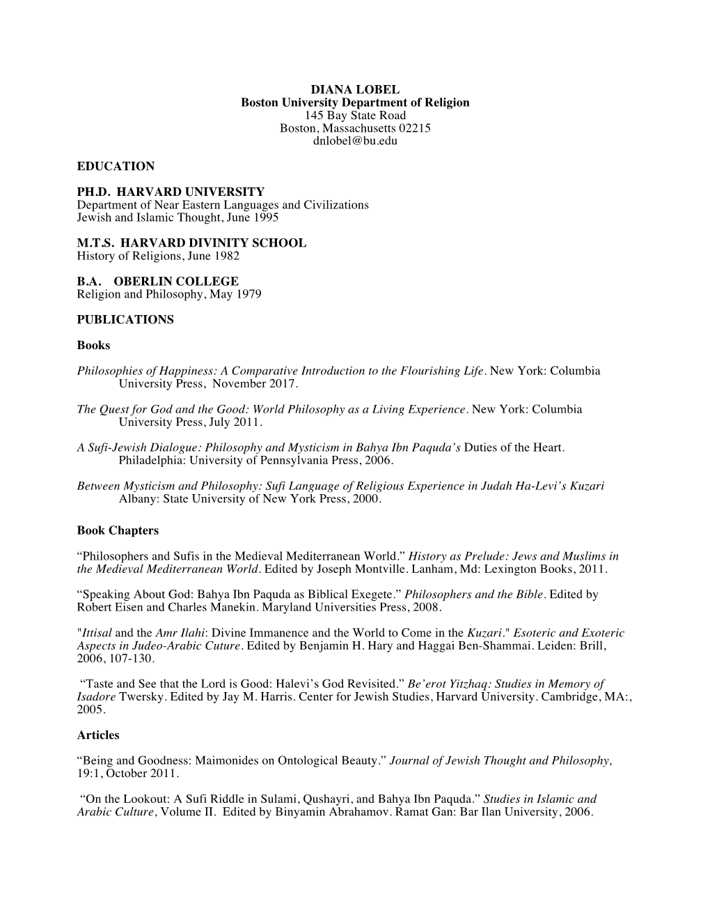 DIANA LOBEL Boston University Department of Religion 145 Bay State Road Boston, Massachusetts 02215 Dnlobel@Bu.Edu