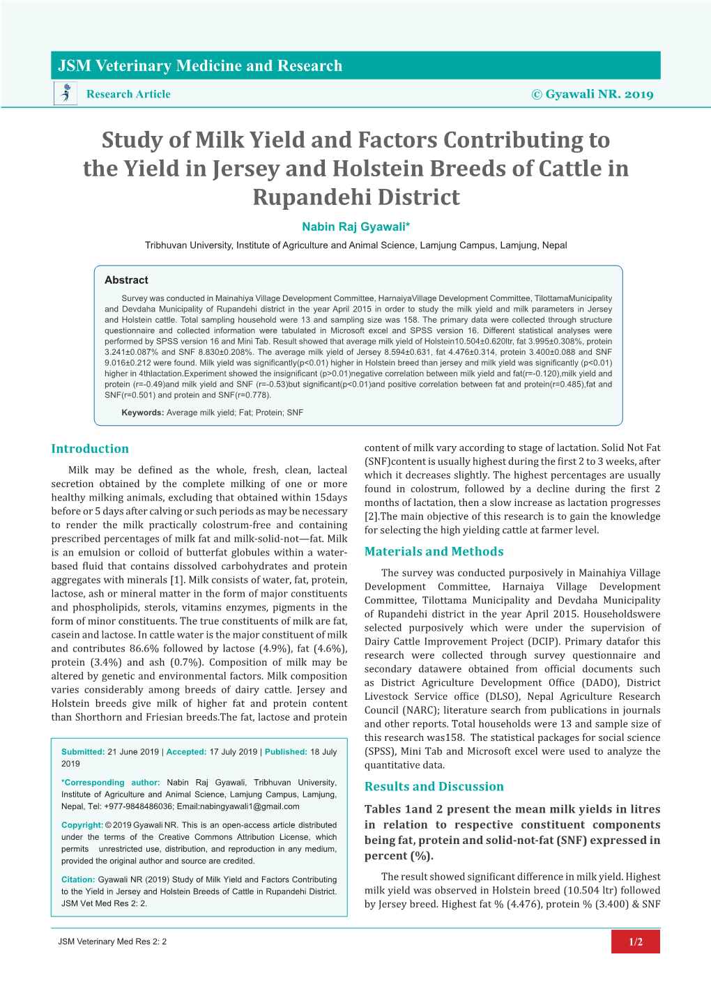 Study of Milk Yield and Factors Contributing to the Yield in Jersey