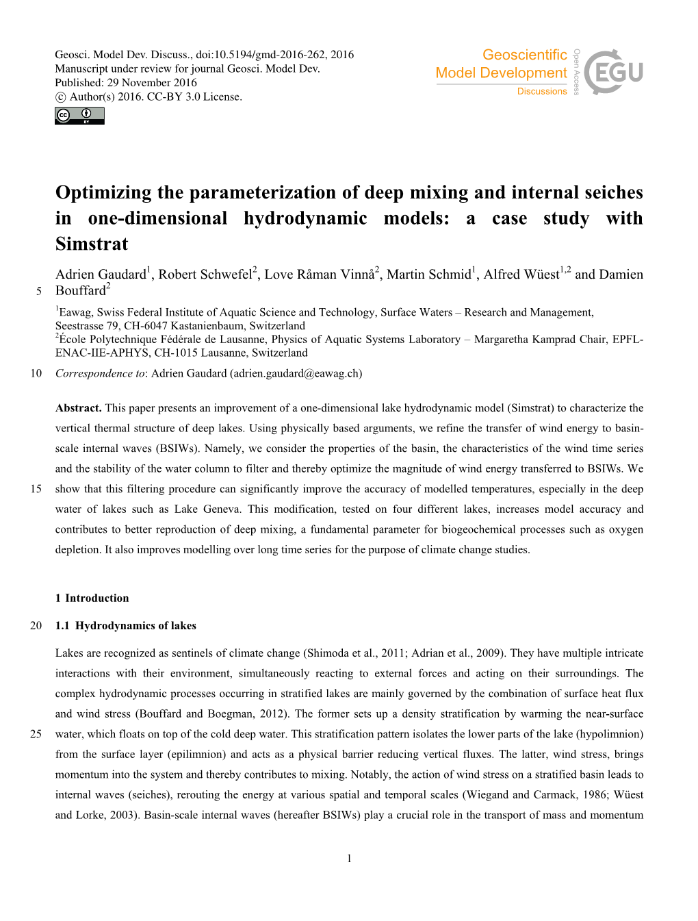 Optimizing the Parameterization of Deep Mixing and Internal Seiches in One-Dimensional Hydrodynamic Models