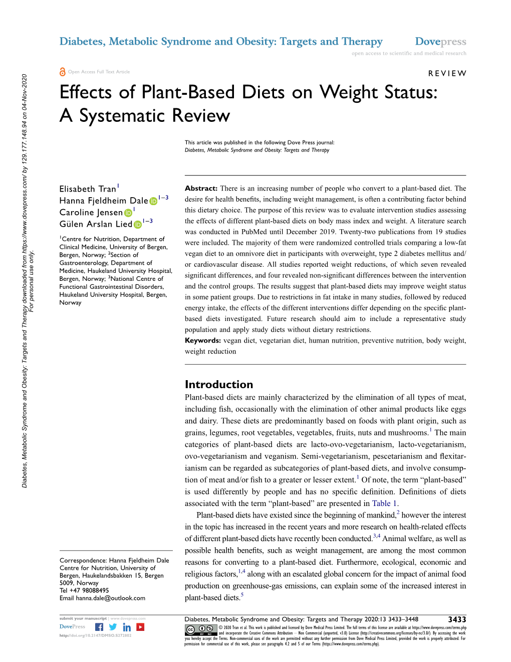 Effects of Plant-Based Diets on Weight Status: a Systematic Review
