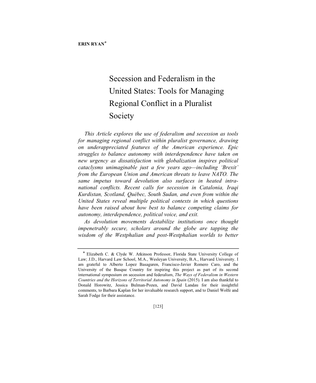 Secession and Federalism in the United States: Tools for Managing Regional Conflict in a Pluralist Society