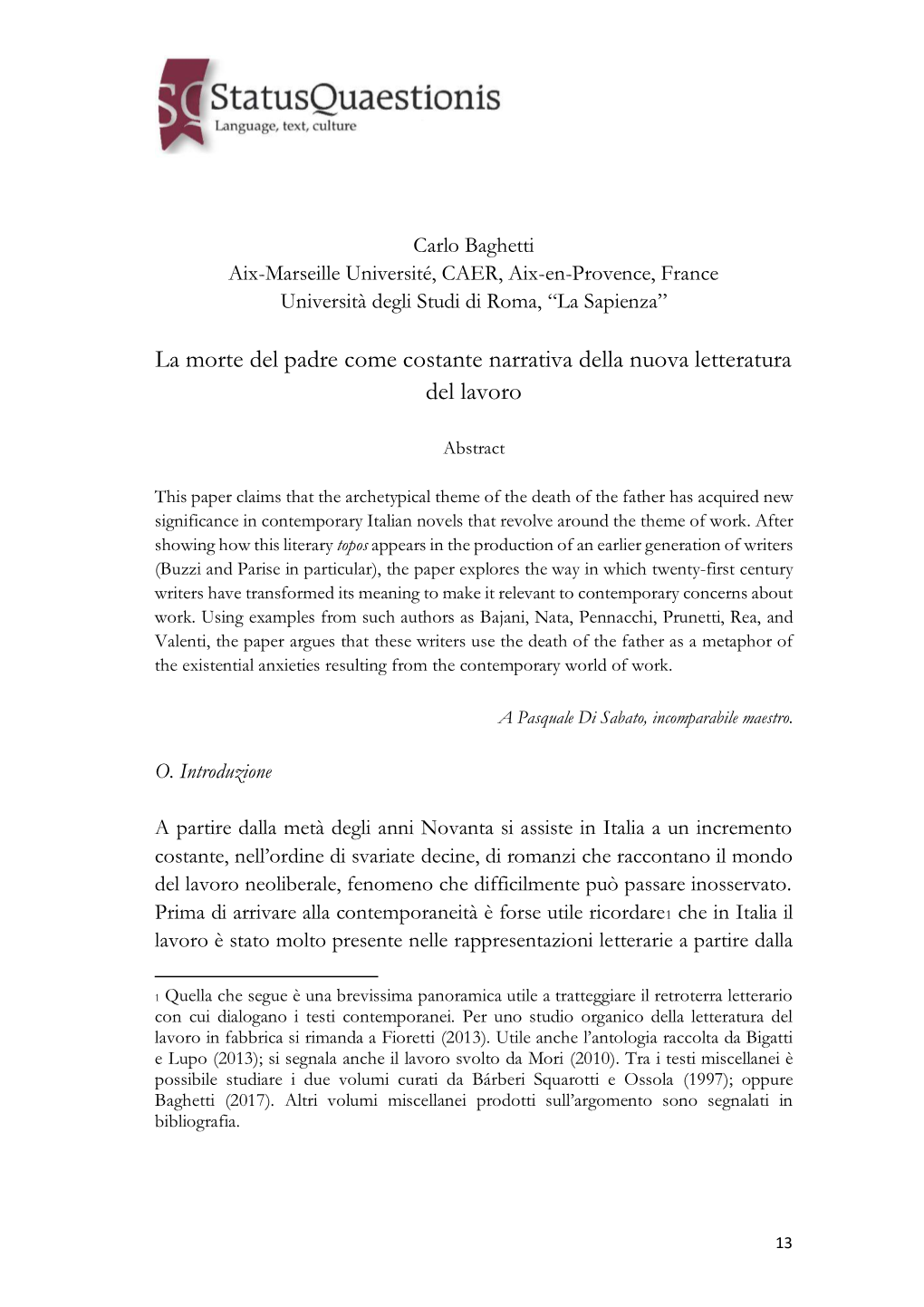 La Morte Del Padre Come Costante Narrativa Della Nuova Letteratura Del Lavoro