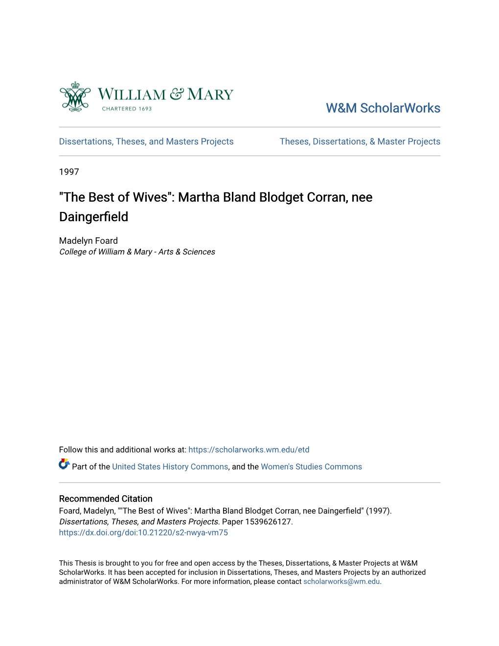 "The Best of Wives": Martha Bland Blodget Corran, Nee Daingerfield