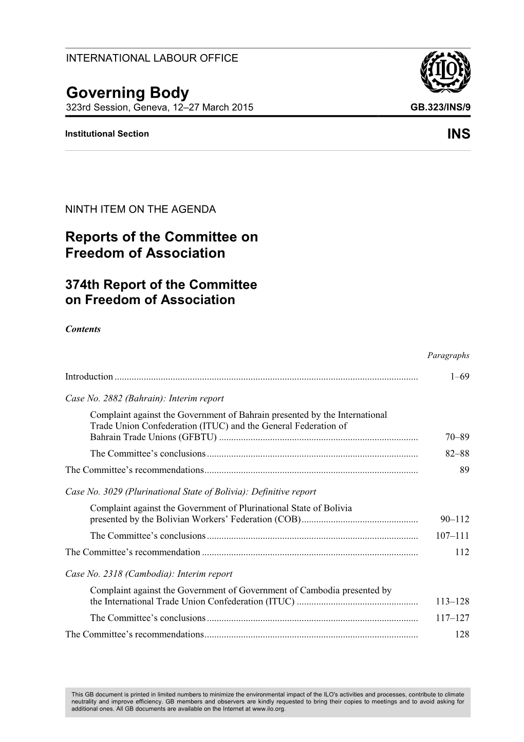 374Th Report of the Committee on Freedom of Association
