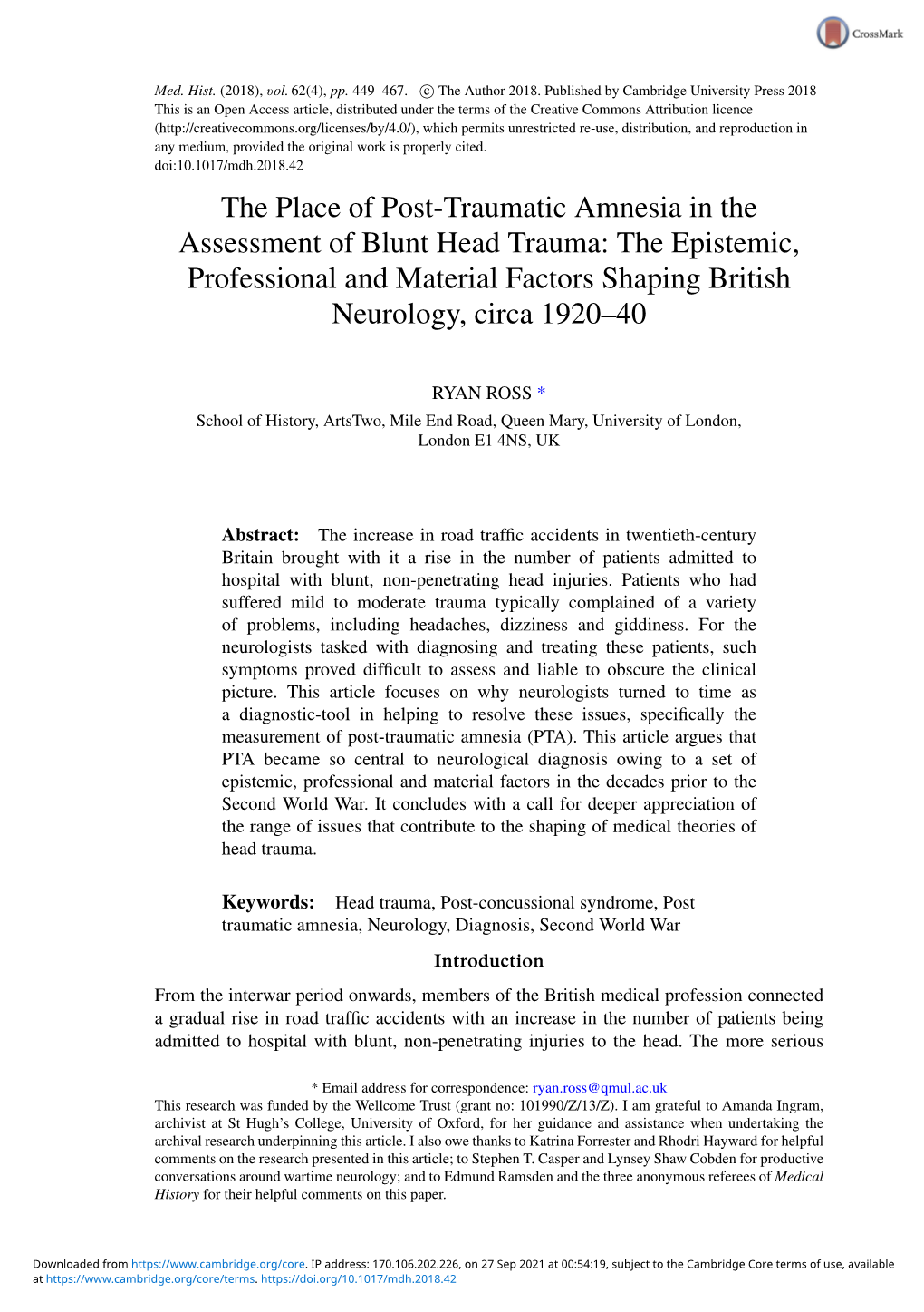 The Place of Post-Traumatic Amnesia in the Assessment of Blunt Head Trauma: the Epistemic, Professional and Material Factors Shaping British Neurology, Circa 1920–40