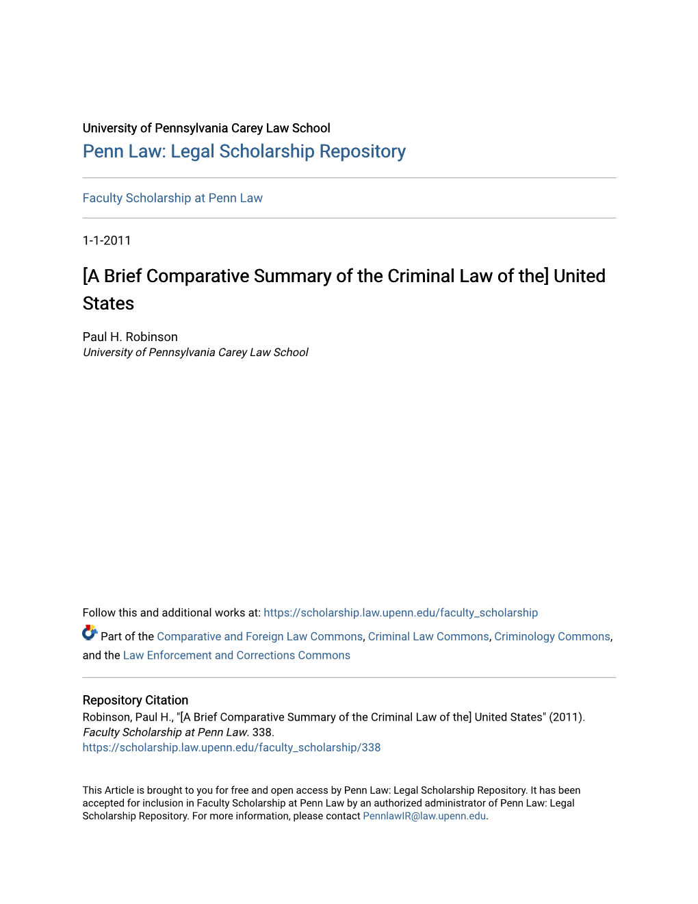 [A Brief Comparative Summary of the Criminal Law of The] United States