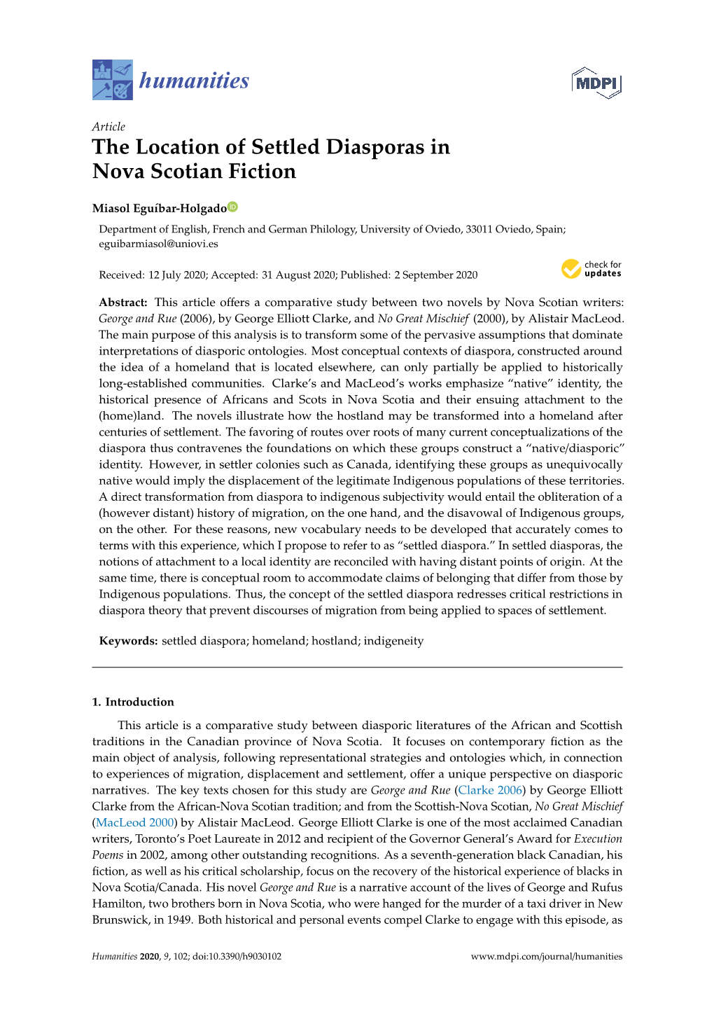 The Location of Settled Diasporas in Nova Scotian Fiction