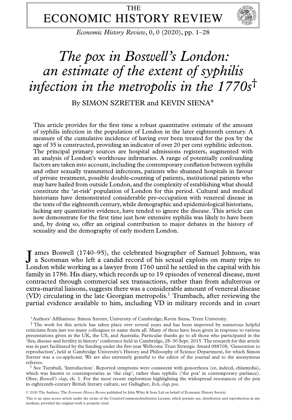 The Pox in Boswell's London: an Estimate of the Extent of Syphilis