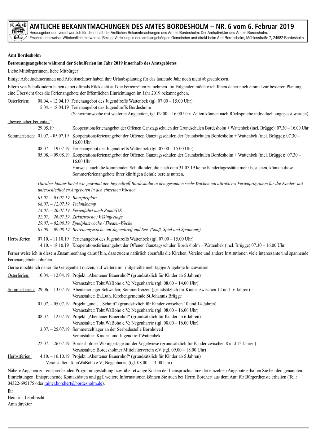 Amtliche Bekanntmachungen Des Amtes Bordesholm – Nr