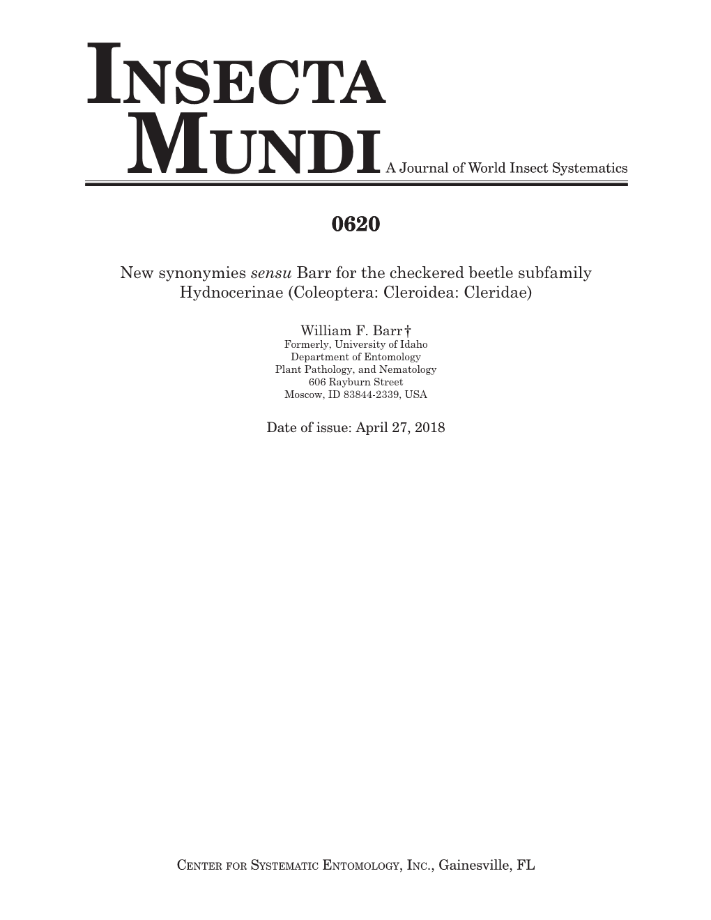 Insecta 0620 1–3 Urn:Lsid:Zoobank.Org:Pub:A006F764-02CD-42BA-A4CD- a Journal of World Insect Systematics 85274731B80E Mundi