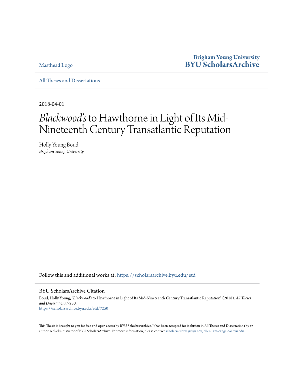 Blackwood's to Hawthorne in Light of Its Mid-Nineteenth Century Transatlantic Reputation" (2018)