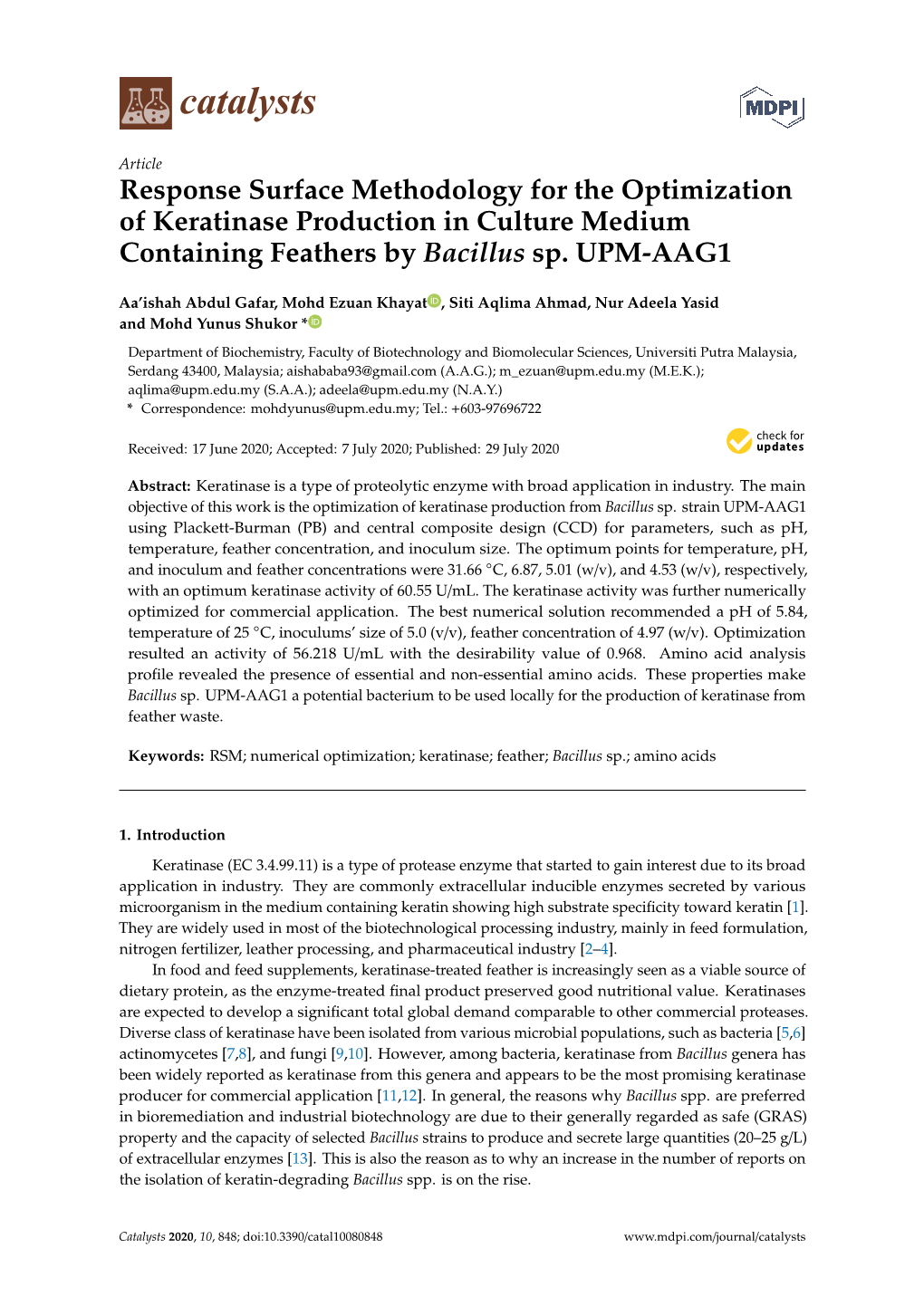 Response Surface Methodology for the Optimization of Keratinase Production in Culture Medium Containing Feathers by Bacillus Sp