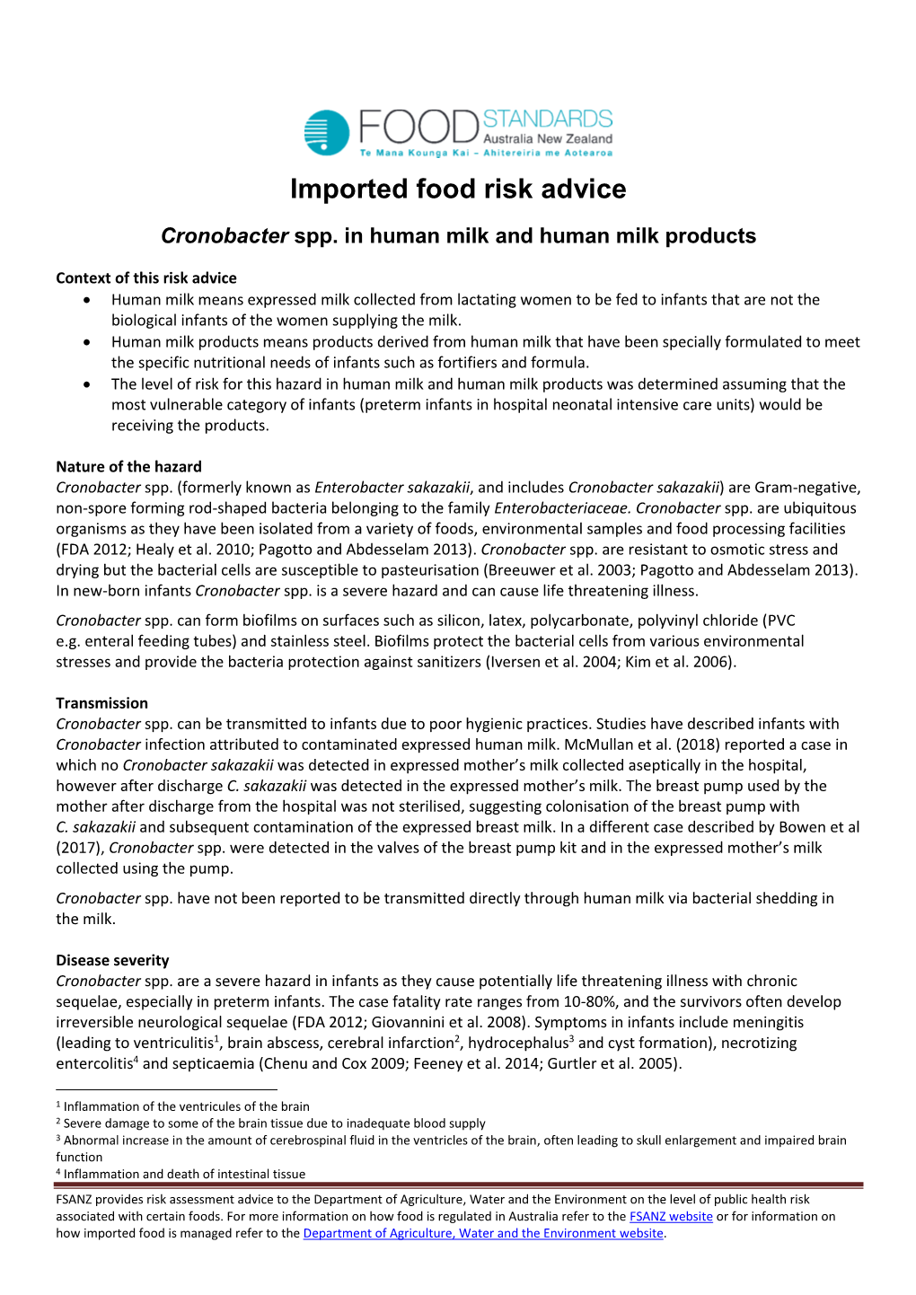 Cronobacter Spp. in Human Milk and Human Milk Products