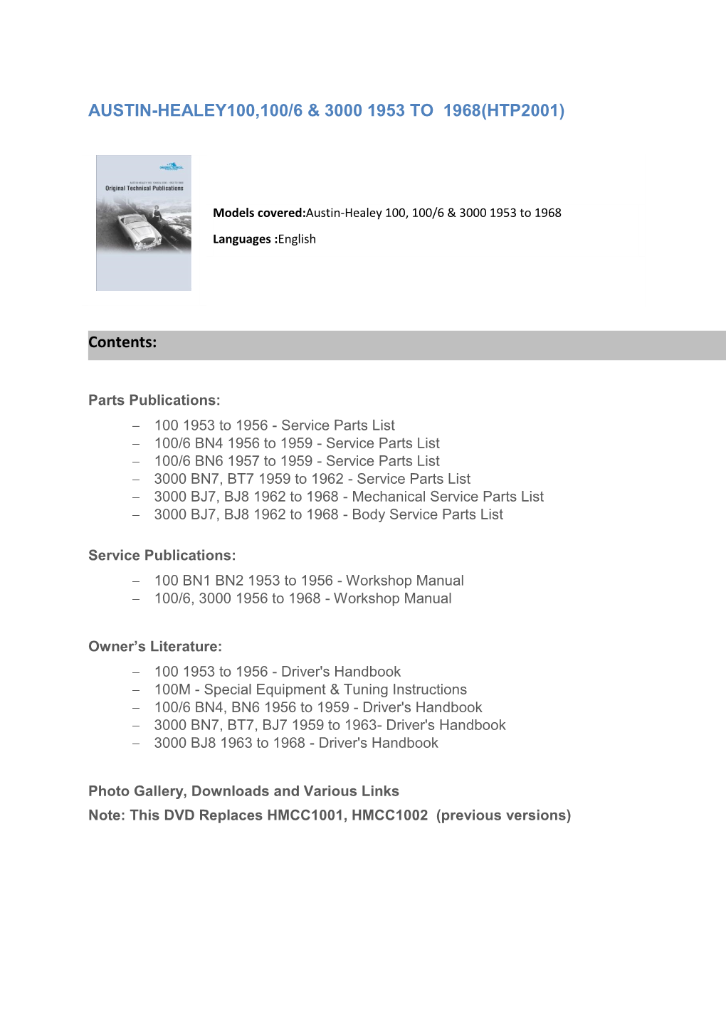 AUSTIN-HEALEY100,100/6 & 3000 1953 to 1968(HTP2001) Contents