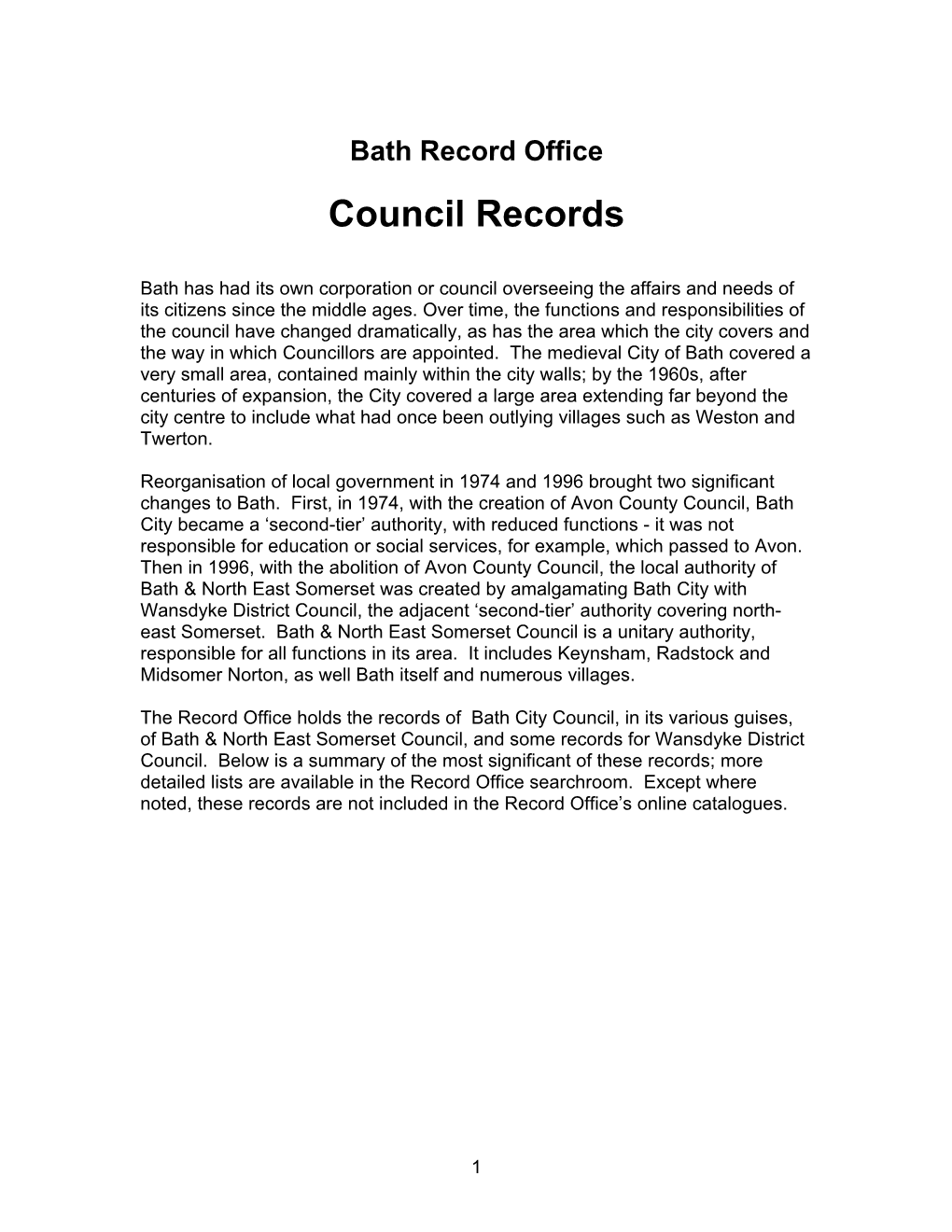 Bath Record Office Council Records