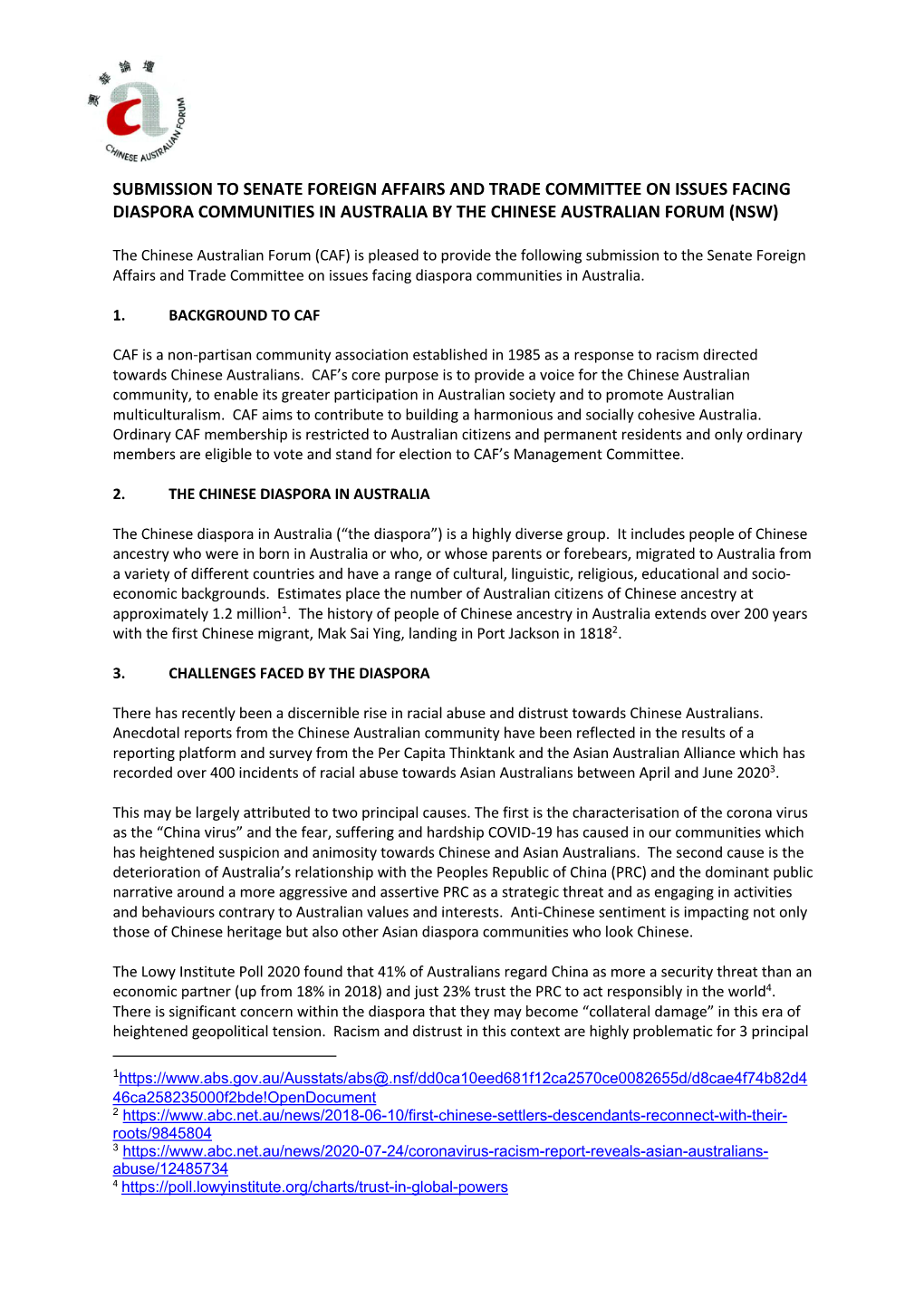 Submission to Senate Foreign Affairs and Trade Committee on Issues Facing Diaspora Communities in Australia by the Chinese Australian Forum (Nsw)