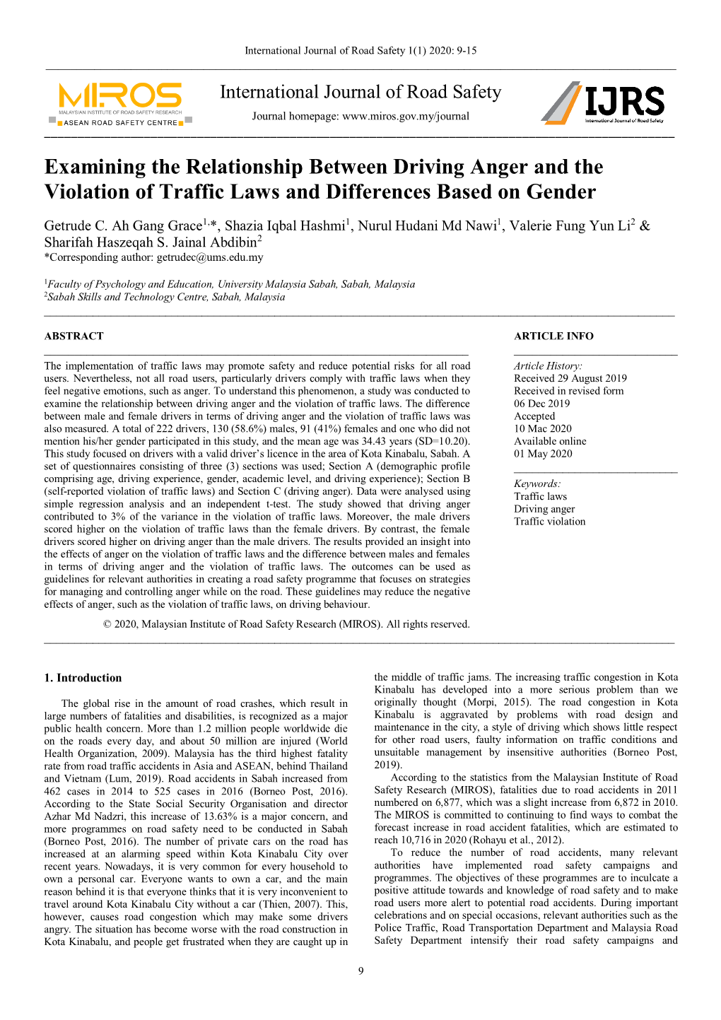 Examining the Relationship Between Driving Anger and the Violation of Traffic Laws and Differences Based on Gender