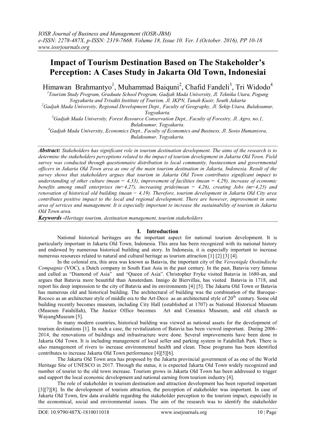 Impact of Tourism Destination Based on the Stakeholder's Perception