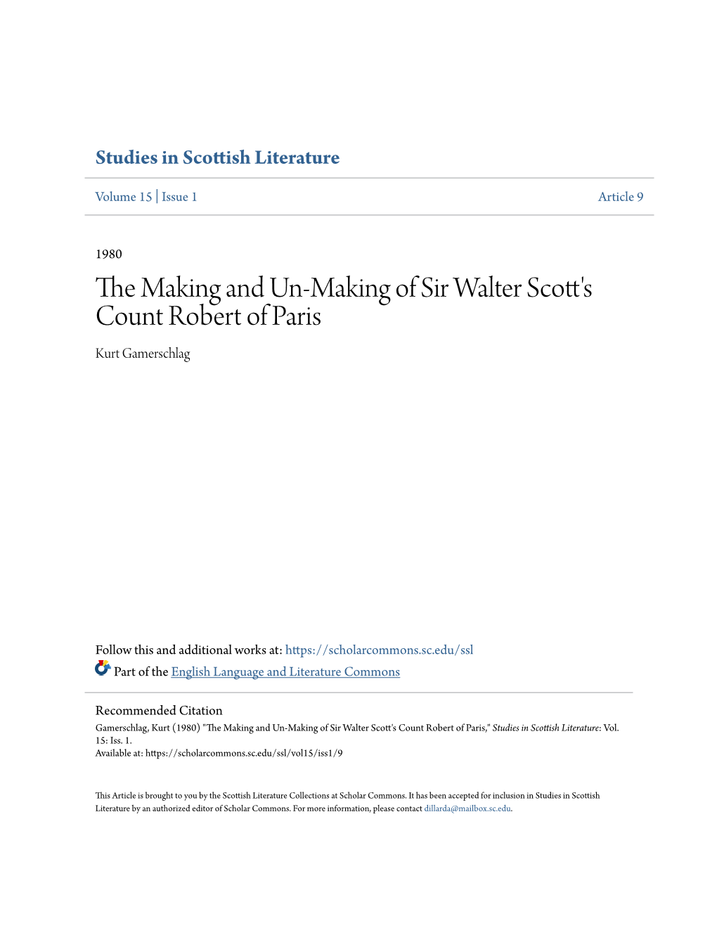 The Making and Un-Making of Sir Walter Scott's Count Robert of Paris