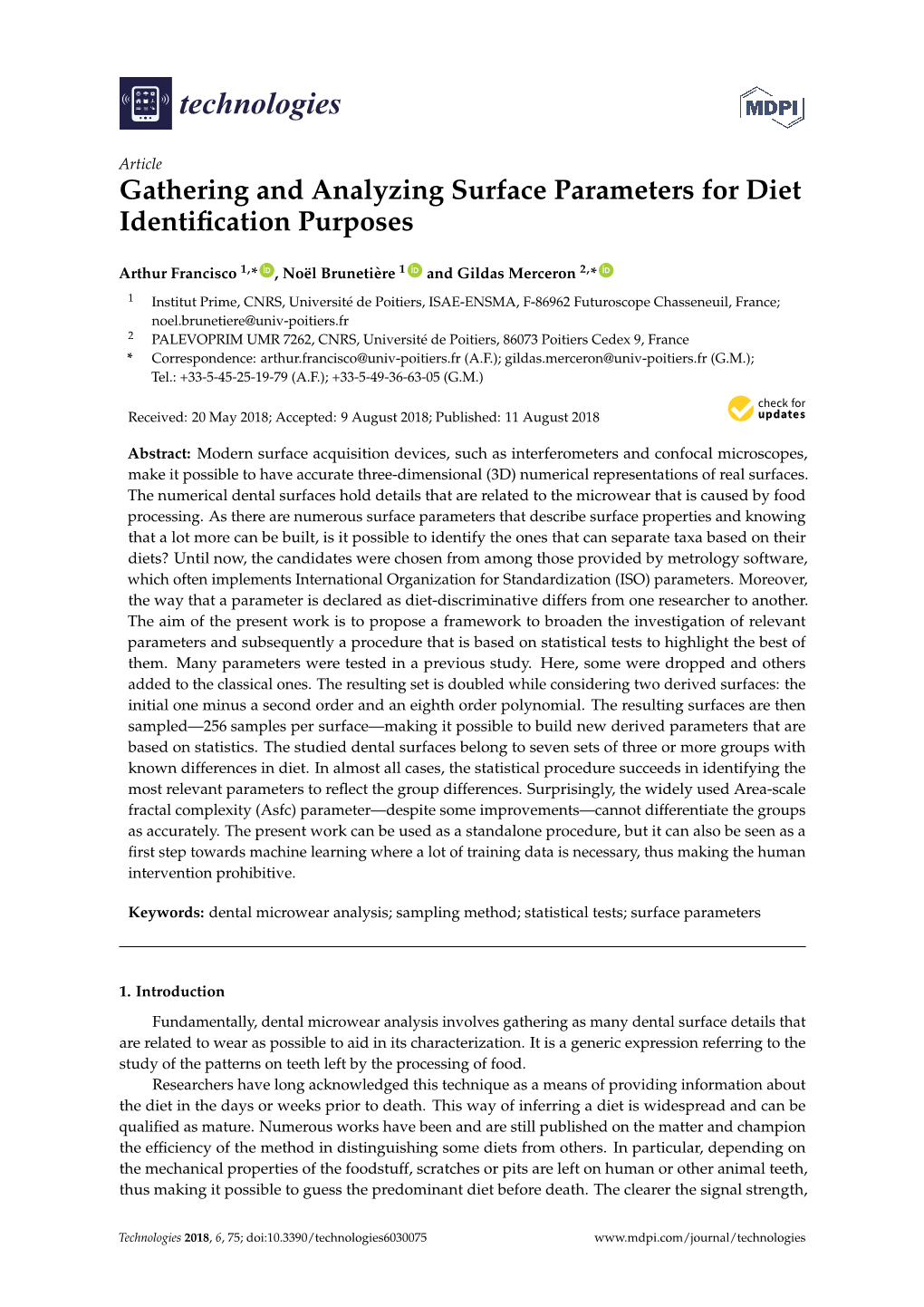 Gathering and Analyzing Surface Parameters for Diet Identification