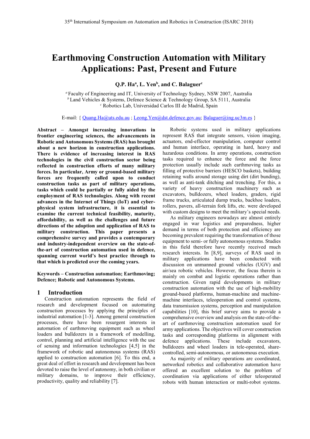 Earthmoving Construction Automation with Military Applications: Past, Present and Future