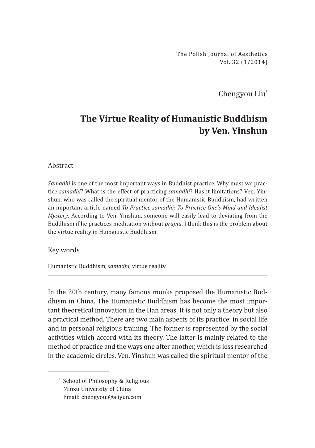 The Virtue Reality of Humanistic Buddhism by Ven. Yinshun