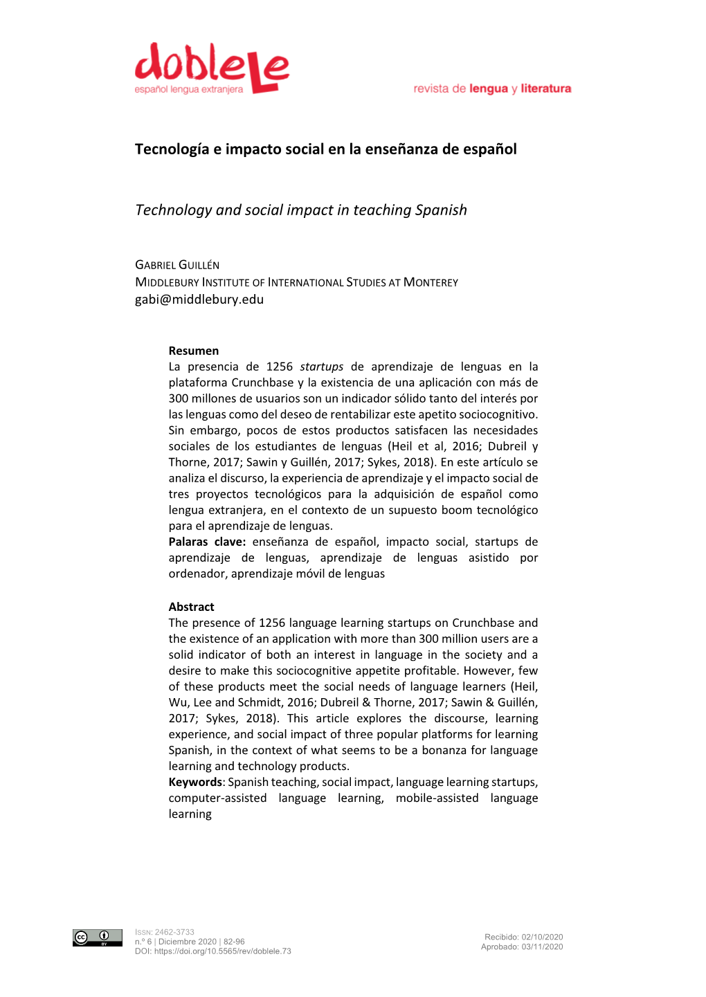 Tecnología E Impacto Social En La Enseñanza De Español Technology and Social Impact in Teaching Spanish