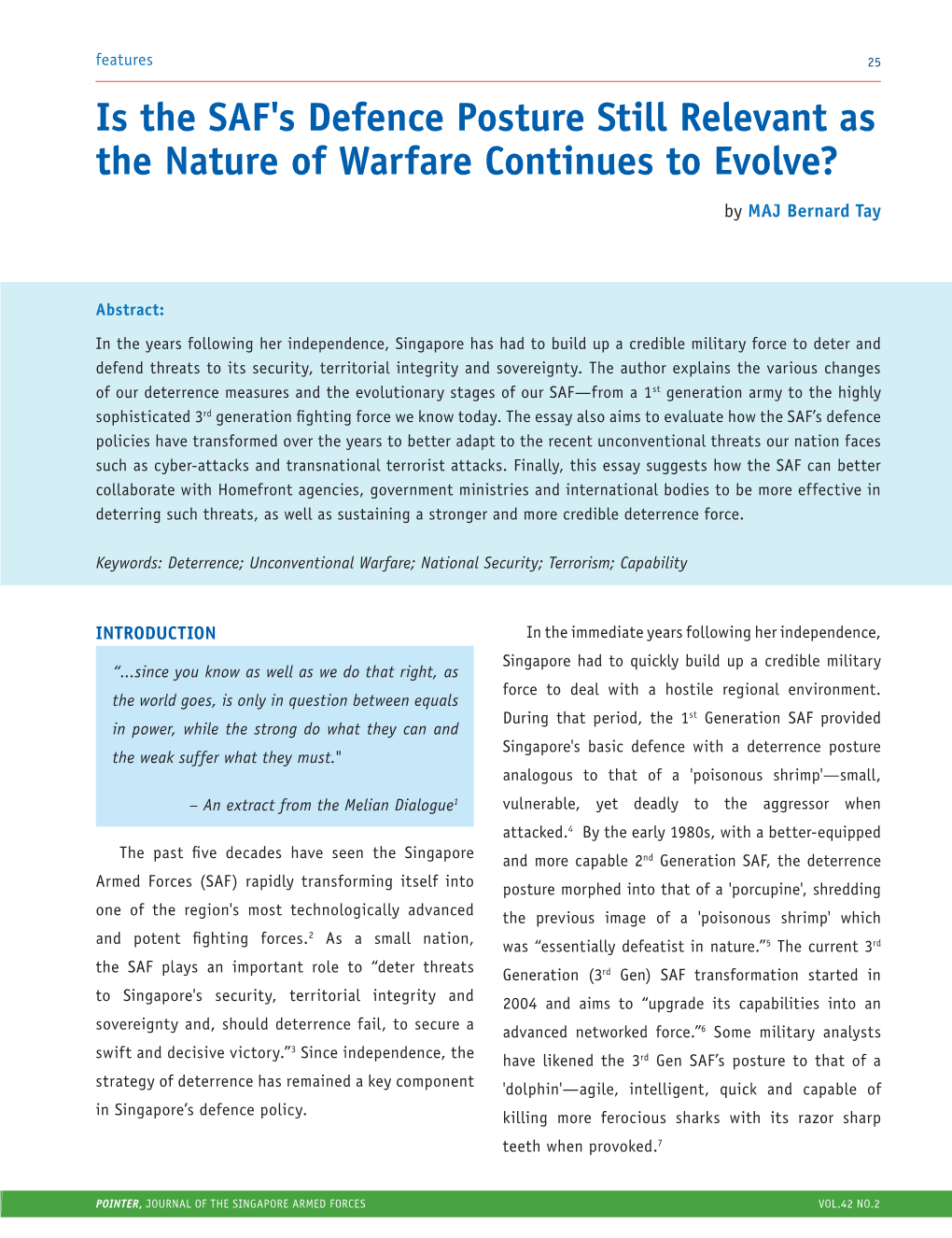 Is the SAF's Defence Posture Still Relevant As the Nature of Warfare Continues to Evolve? by MAJ Bernard Tay