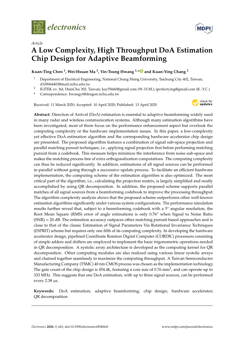 A Low Complexity, High Throughput Doa Estimation Chip Design for Adaptive Beamforming