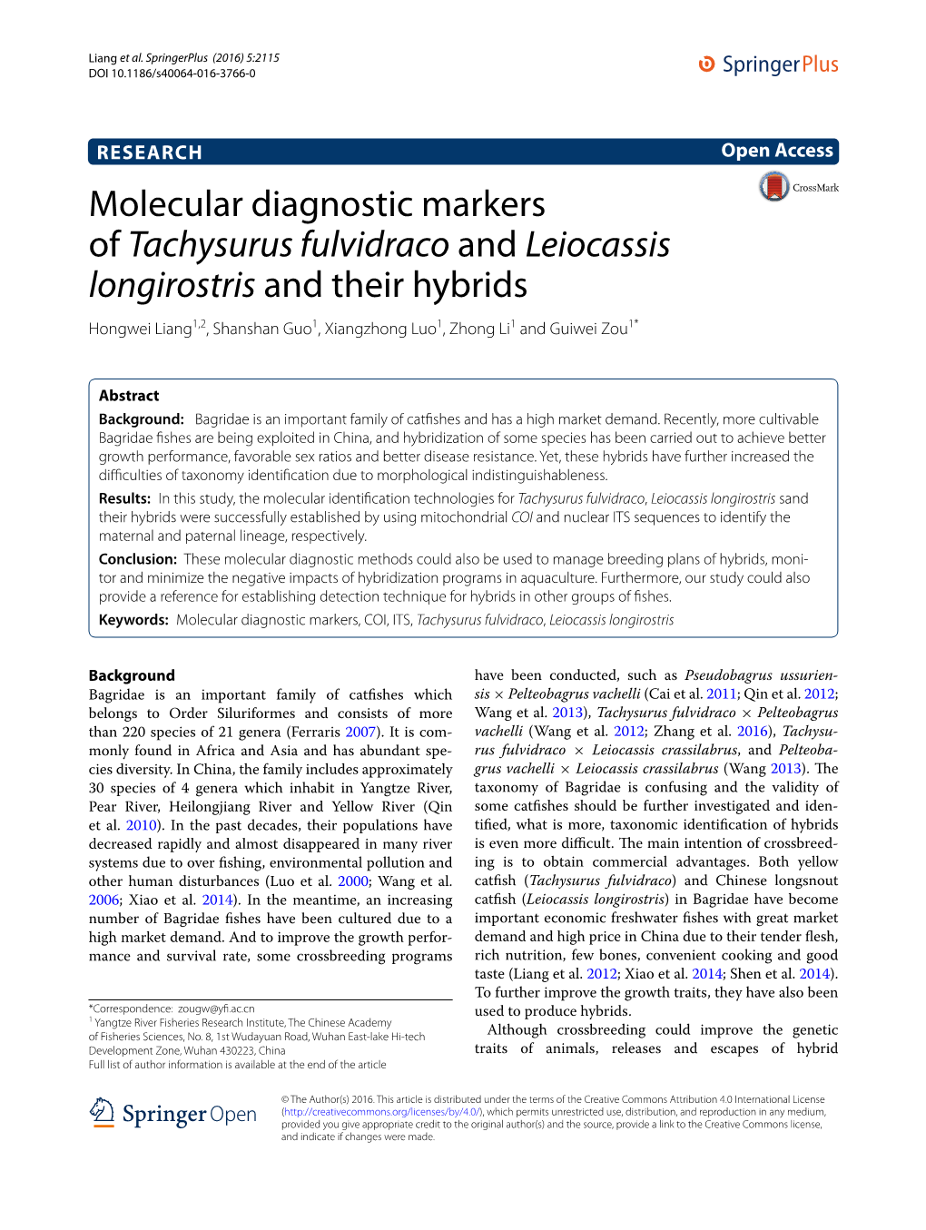 Molecular Diagnostic Markers of Tachysurus Fulvidraco And