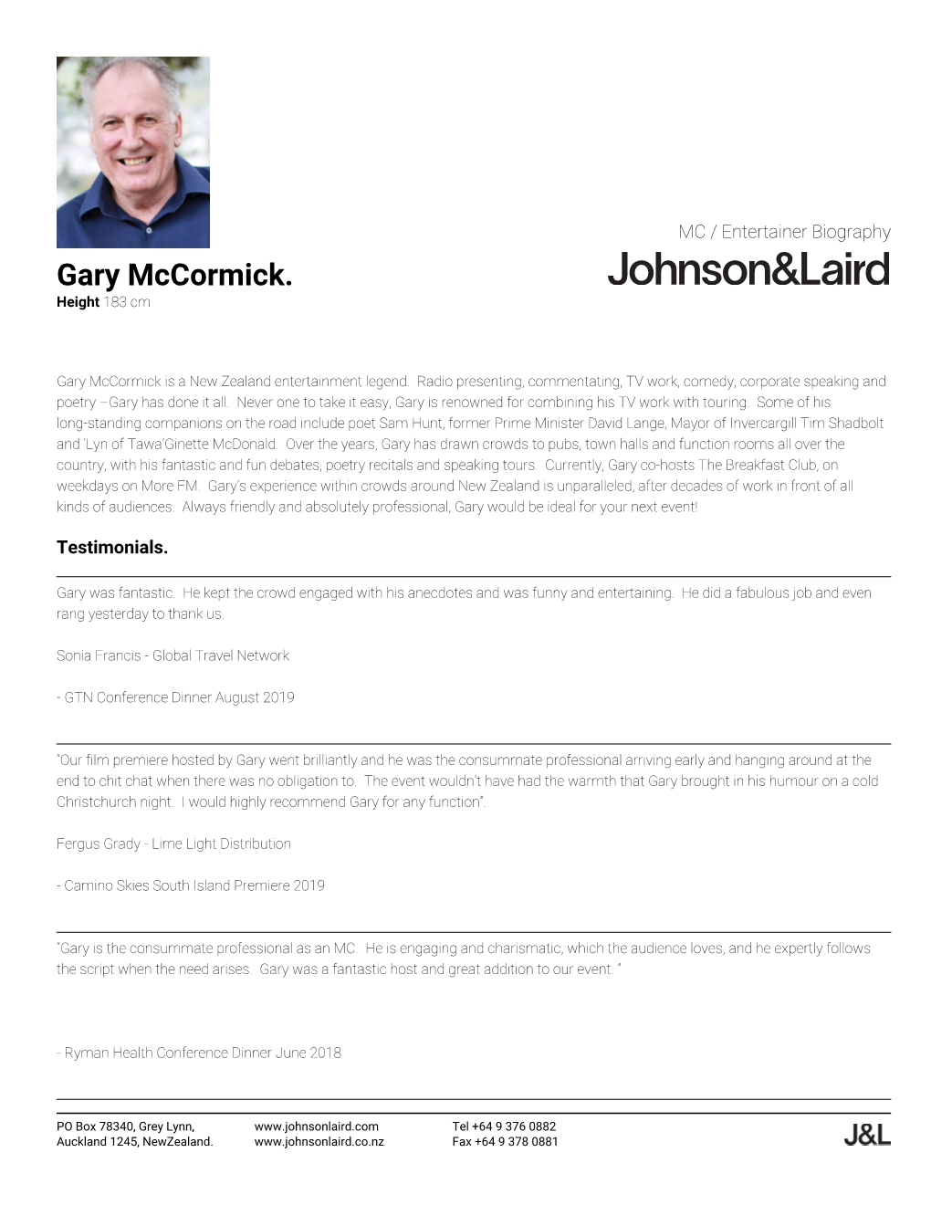 Gary Mccormick. Height 183 Cm