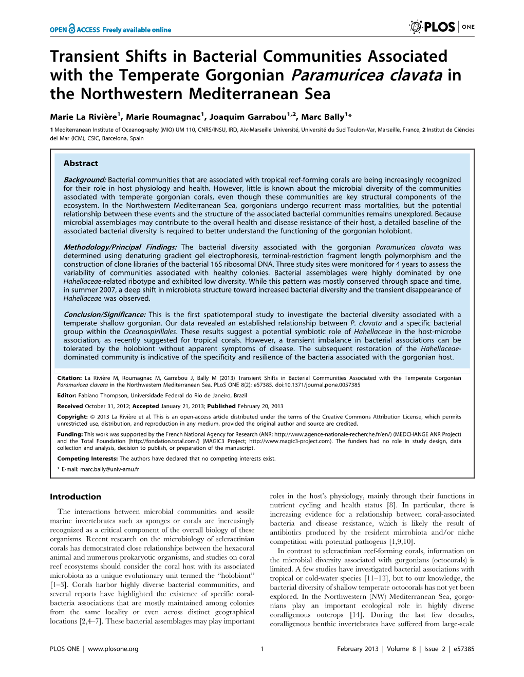 Transient Shifts in Bacterial Communities Associated with the Temperate Gorgonian Paramuricea Clavata in the Northwestern Mediterranean Sea