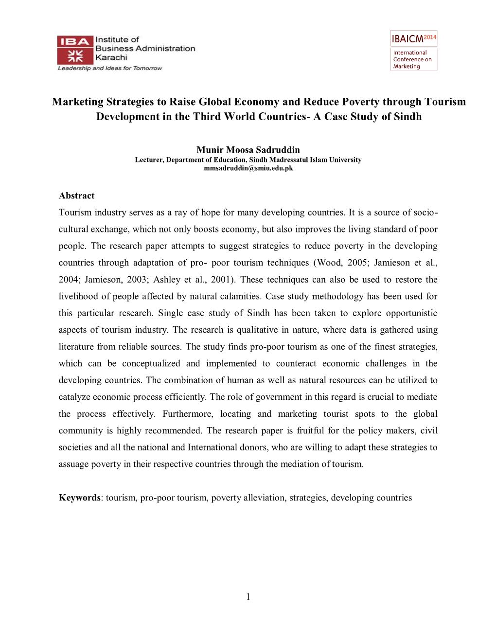 Marketing Strategies to Raise Global Economy and Reduce Poverty Through Tourism Development in the Third World Countries- a Case Study of Sindh